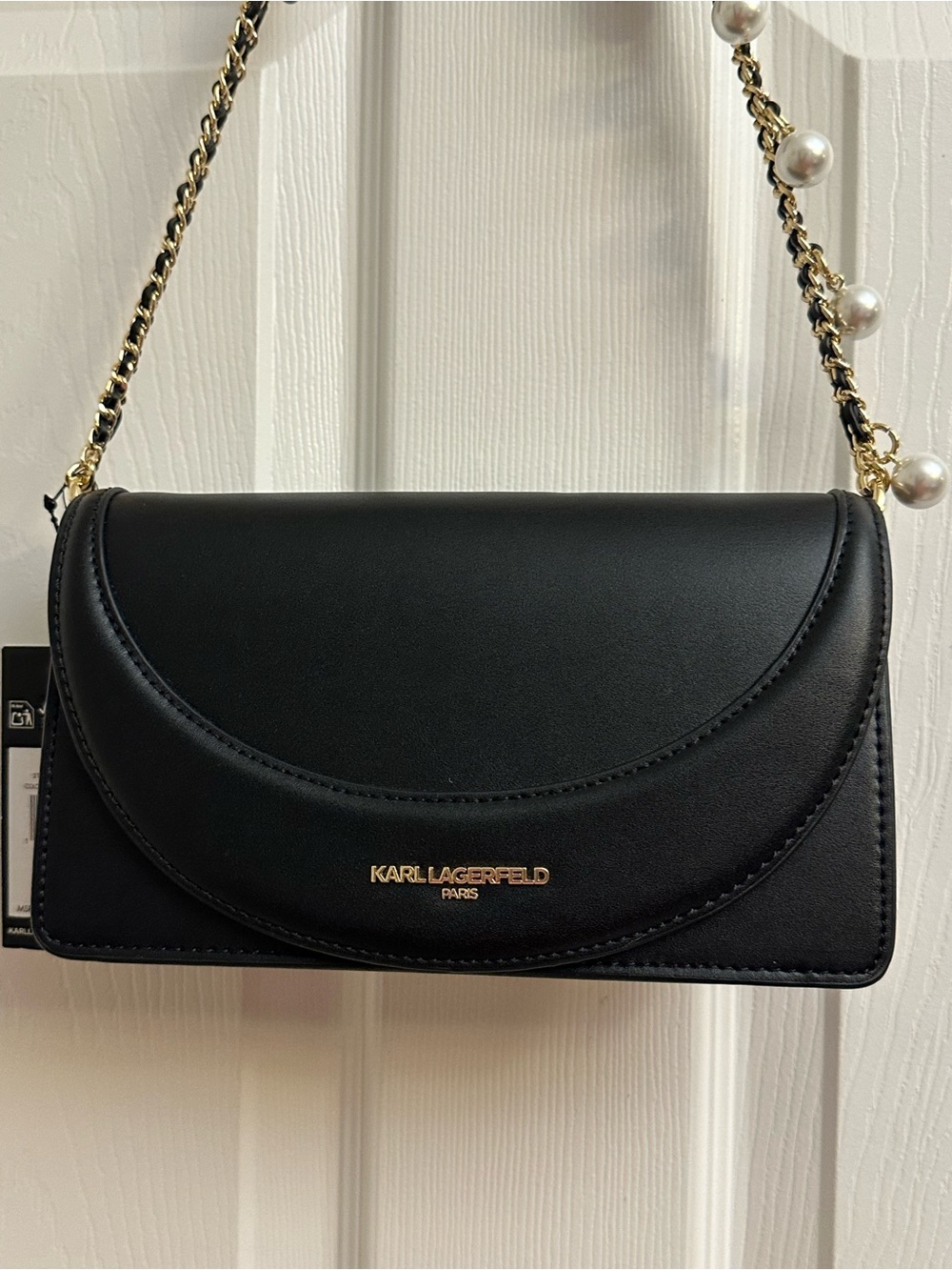 Karl Lagerfeld Black Shoulder Bag with Gold Chain and Pearl Accents on Straps